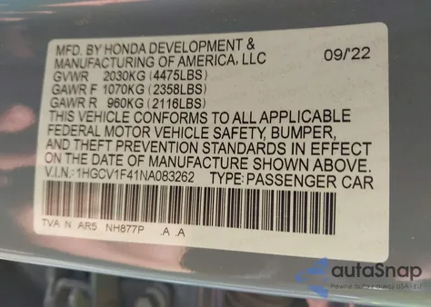 2022 Honda Accord Sport Se z USA, uszkodzony, nr VIN 1HGCV1F41NA083262
